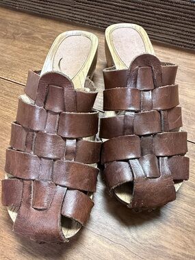 Vintage Brown Woven Leather Fisherman Style Slide Sandals Made in Brazil 9.5